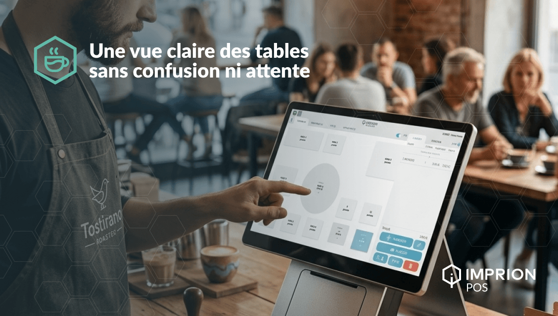 Serveur utilisant le système POS Imprion avec aperçu des tables