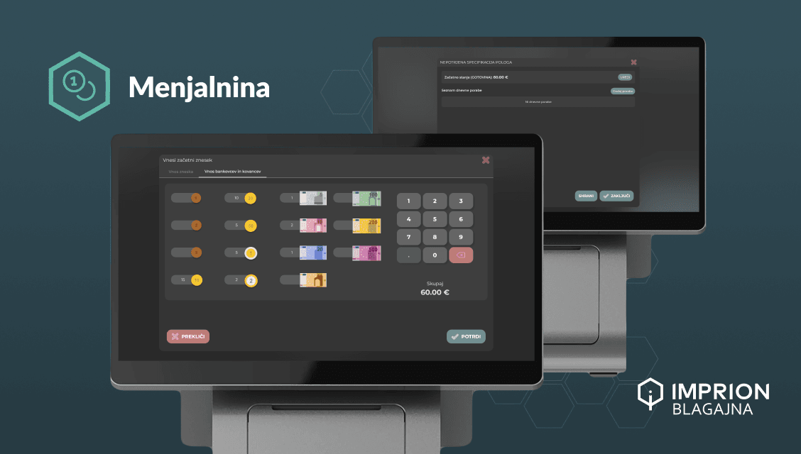 Digitalna POS blagajna z urejeno menjalnino za varno in pregledno gotovinsko poslovanje