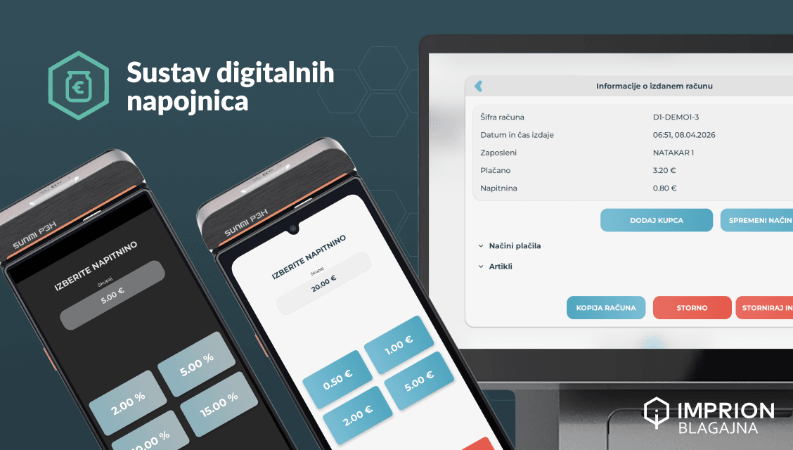 Gost odabire digitalnu napojnicu na Imprion POS blagajni tijekom plaćanja