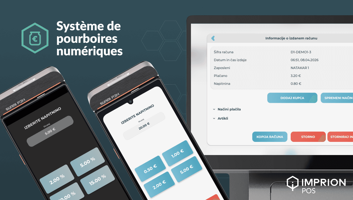 Client sélectionnant un pourboire numérique sur la caisse POS Imprion lors du paiement